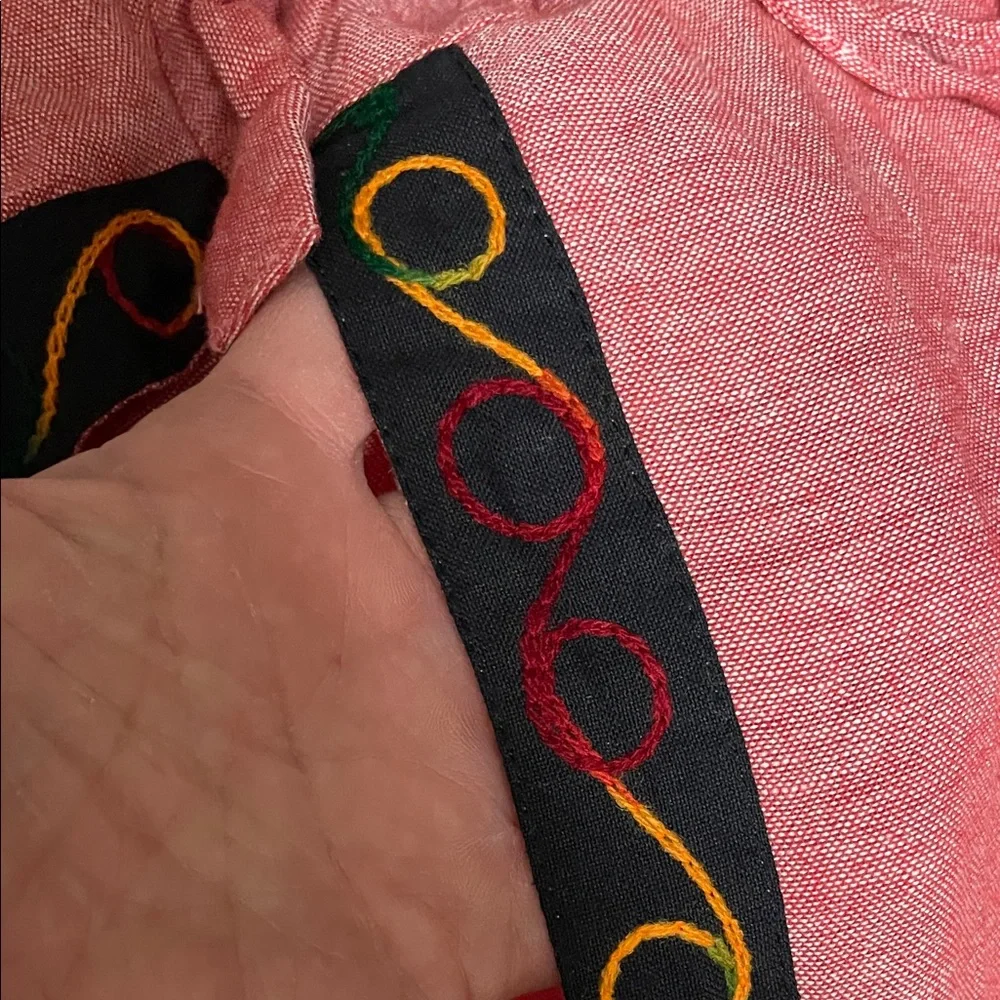Vintage Nepalese drawstring waist red Wide-Leg Pants with Embroidered Trim - Picture 6 of 11